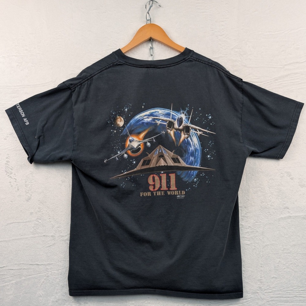 VTG Anvil T-Shirt Men's XL Black Faded 911 Air Force Military Streetwear Y2K